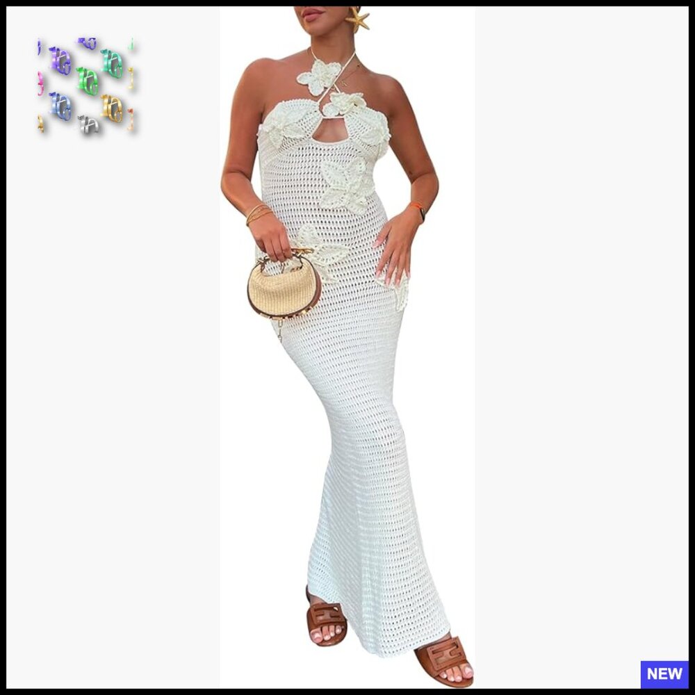 Floral Crochet Maxi Coverup Halter Backless Sleeveless Beach Dress Boho Chic
